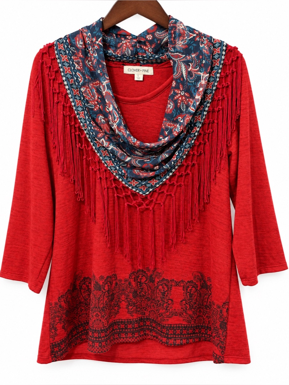 CLOVER+PINE Red Fringe-Trim Neck Scarf Removable! Cowl Neck Sweater 3/4 Sleeve - Picture 3 of 5